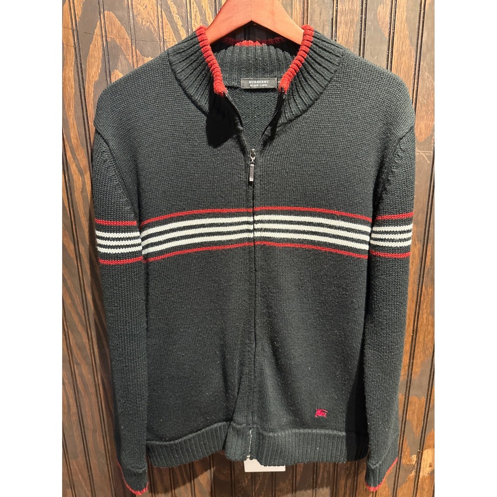 Burberry Black Label Mens Full Zip Striped Knit Sweater Grey Red Knight Logo‎